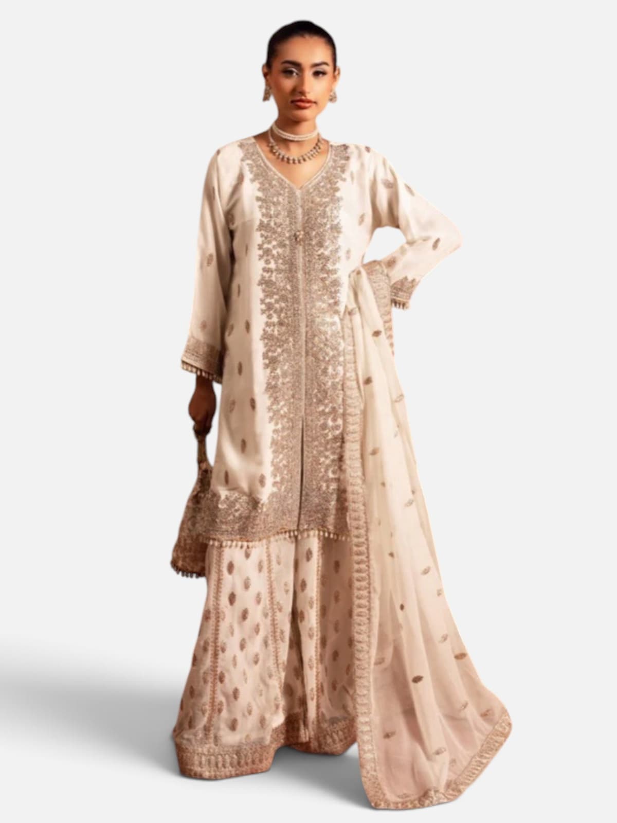 Elegant 3-Piece Embroidered Suit with Dori & Hand-Pasted Crystal Work